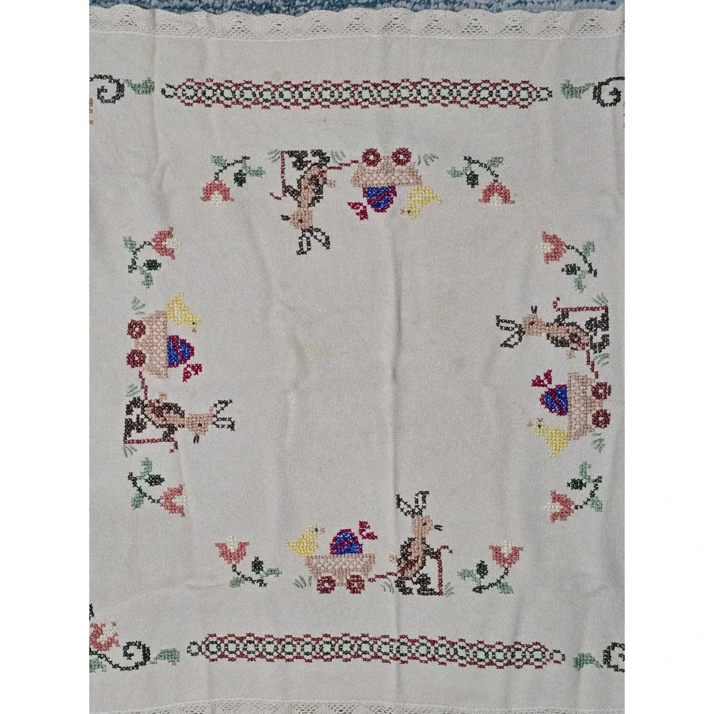 Vintage Handmade Embroidered Donkey Cart Floral Tablecloth Cottagecore Decor (V)